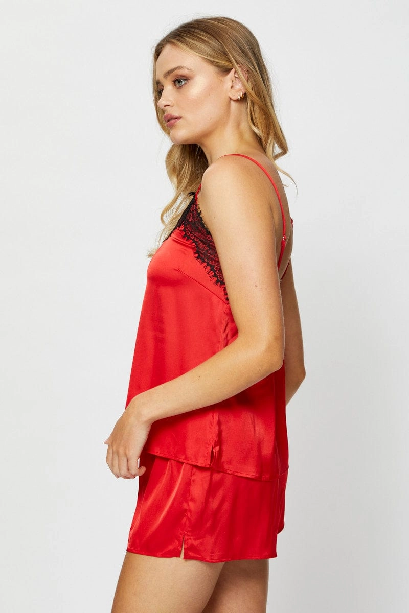 Red Satin Pajamas Set Sleeveless