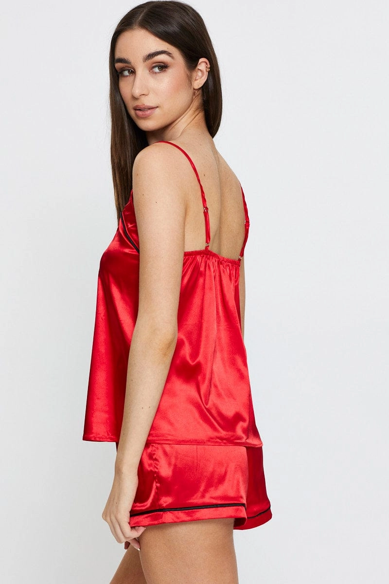 Red Satin Pajamas Set Sleeveless
