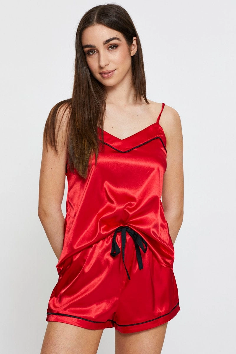 Red Satin Pajamas Set Sleeveless