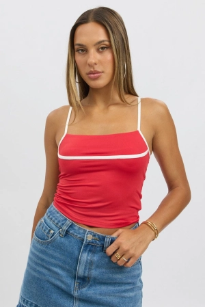 Red Singlet Top Contrast Piping