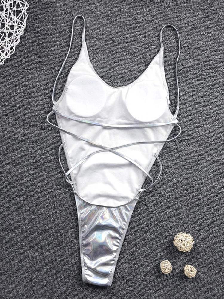 Sexy Metallic Glitter Female Shiny Solid High Cut One Piece Beachwear Swimsuit