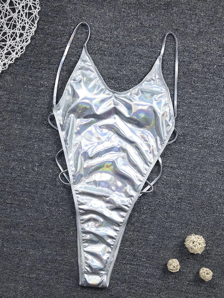 Sexy Metallic Glitter Female Shiny Solid High Cut One Piece Beachwear Swimsuit