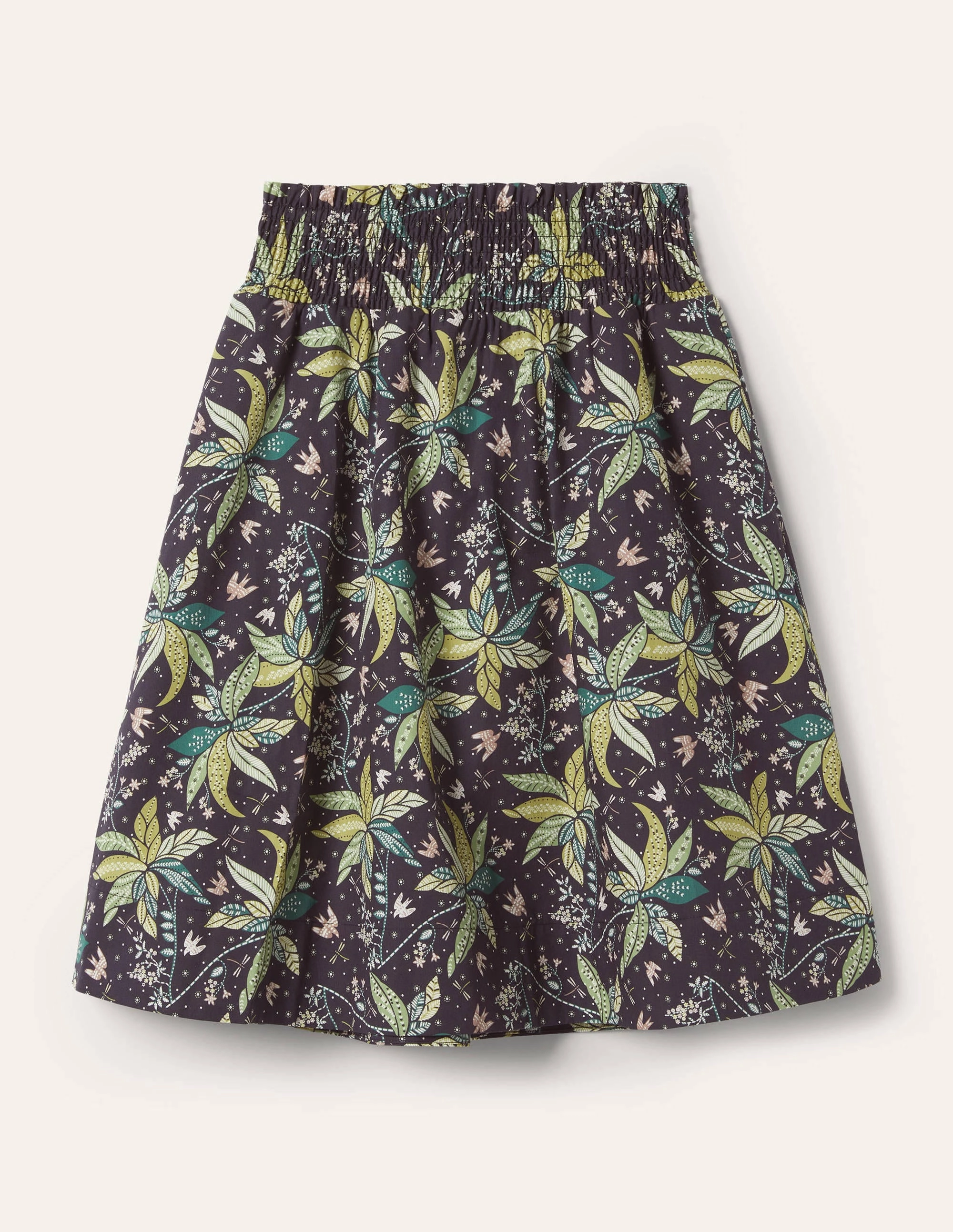 Shirred Waist Cotton Skirt-Black. Oriental Cascade