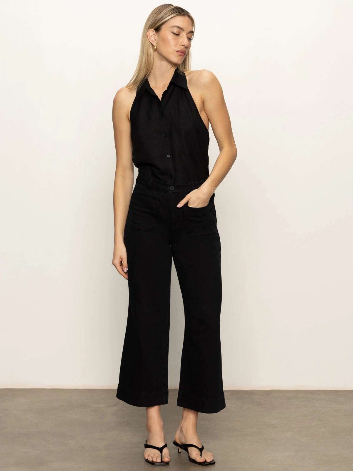 Soft Marine Wide Leg Standard Rise Crop Pant Black
