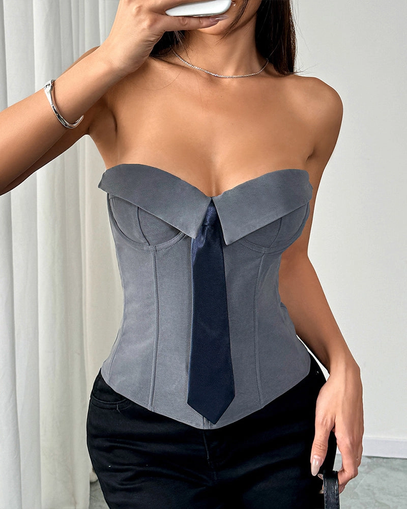 Strapless Tie Corset Top Steel Boned Bustier