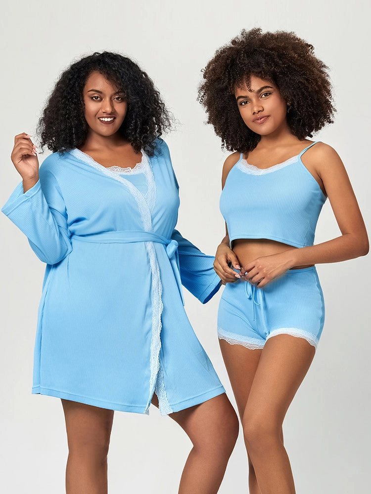 Summer Solid Color Lace Trim Camisole Pajamas Set