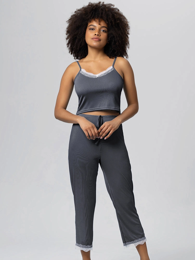 Summer Solid Color Lace Trim Camisole Pajamas Set