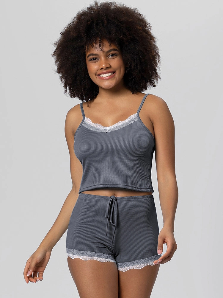 Summer Solid Color Lace Trim Camisole Pajamas Set