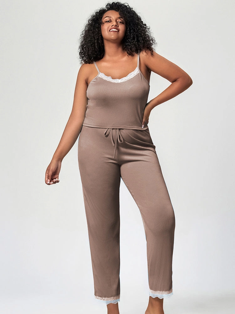 Summer Solid Color Lace Trim Camisole Pajamas Set