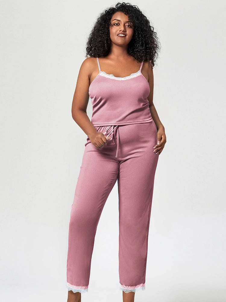 Summer Solid Color Lace Trim Camisole Pajamas Set