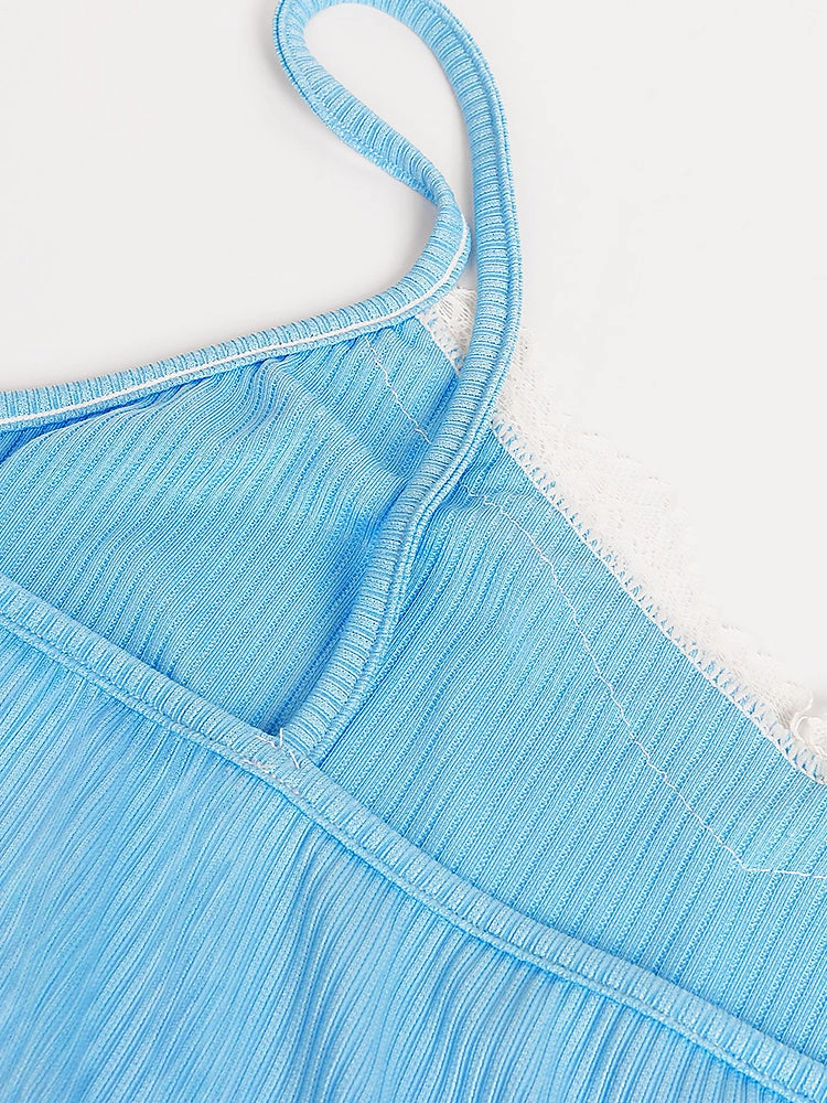 Summer Solid Color Lace Trim Camisole Pajamas Set