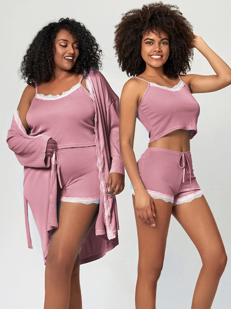 Summer Solid Color Lace Trim Camisole Pajamas Set