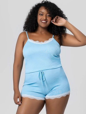 Summer Solid Color Lace Trim Camisole Pajamas Set