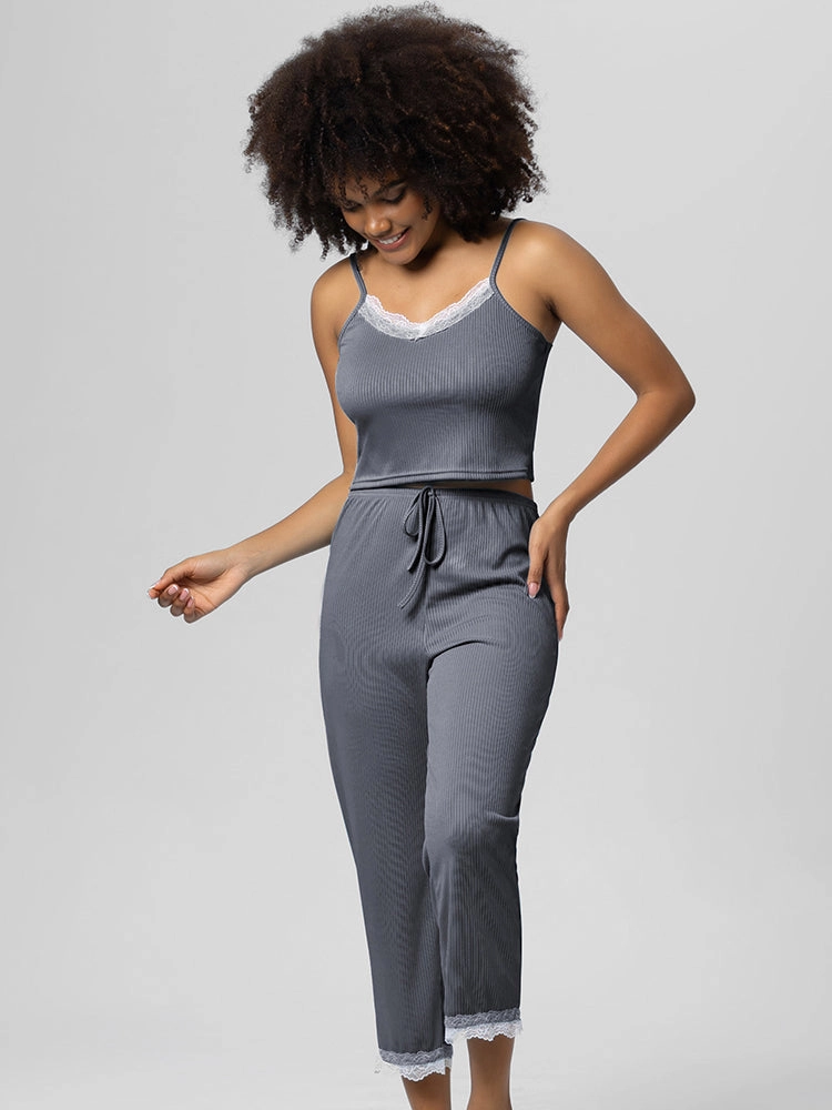 Summer Solid Color Lace Trim Camisole Pajamas Set