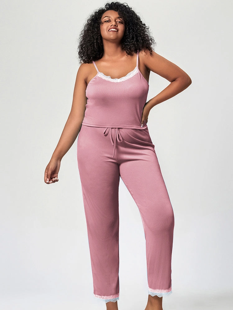 Summer Solid Color Lace Trim Camisole Pajamas Set