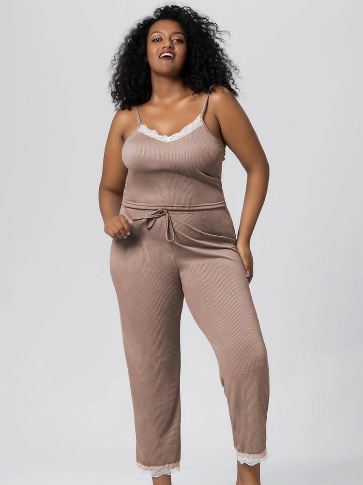 Summer Solid Color Lace Trim Camisole Pajamas Set