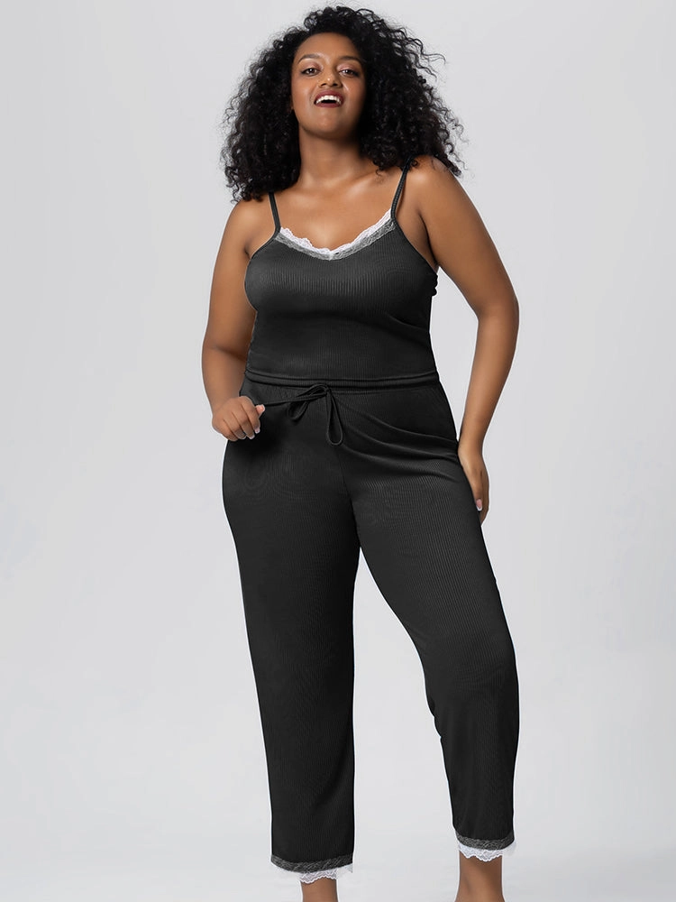 Summer Solid Color Lace Trim Camisole Pajamas Set