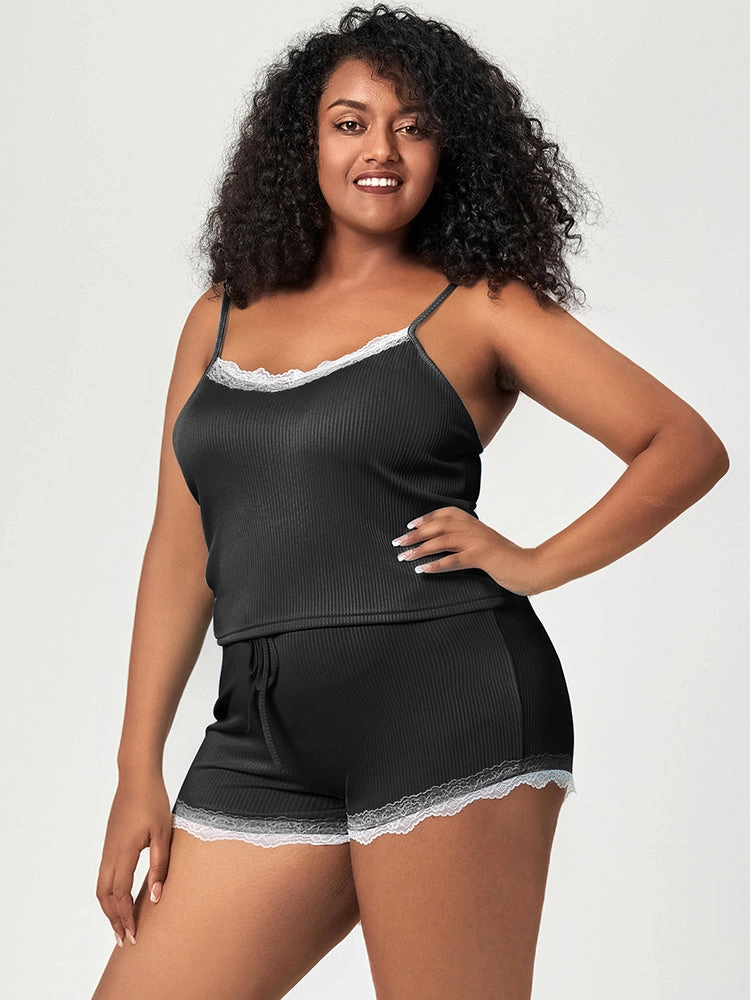 Summer Solid Color Lace Trim Camisole Pajamas Set