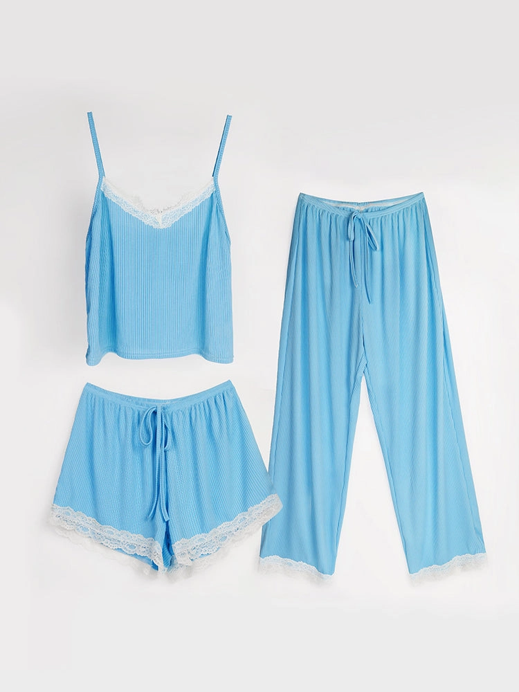 Summer Solid Color Lace Trim Camisole Pajamas Set