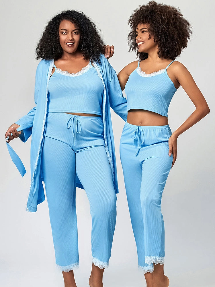 Summer Solid Color Lace Trim Camisole Pajamas Set
