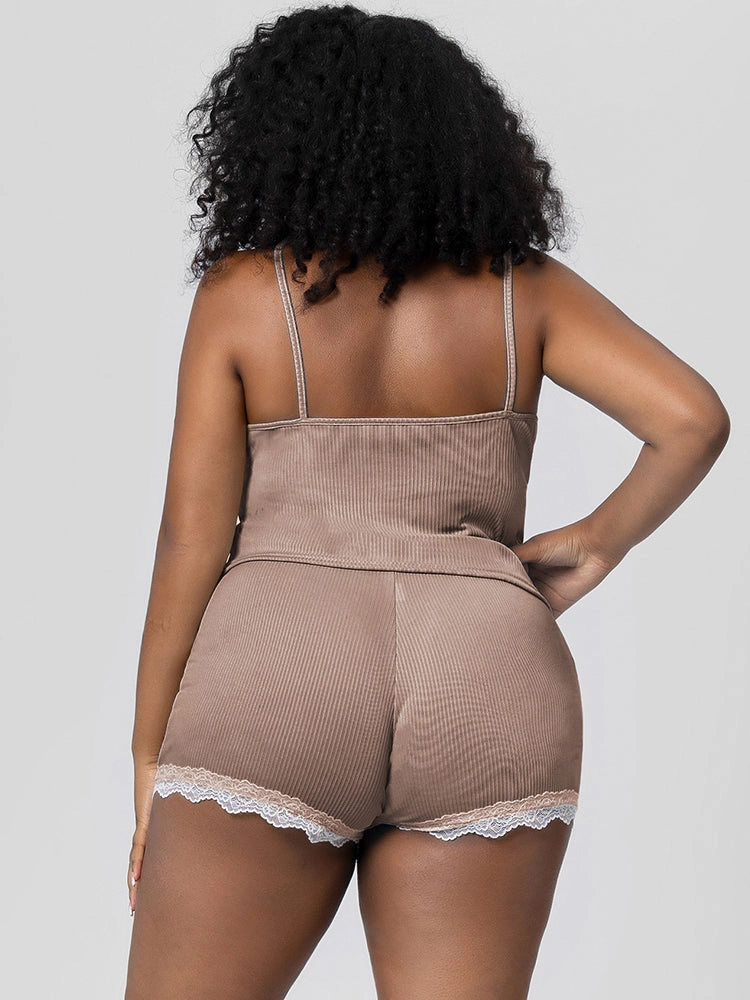 Summer Solid Color Lace Trim Camisole Pajamas Set