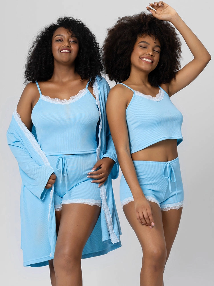 Summer Solid Color Lace Trim Camisole Pajamas Set