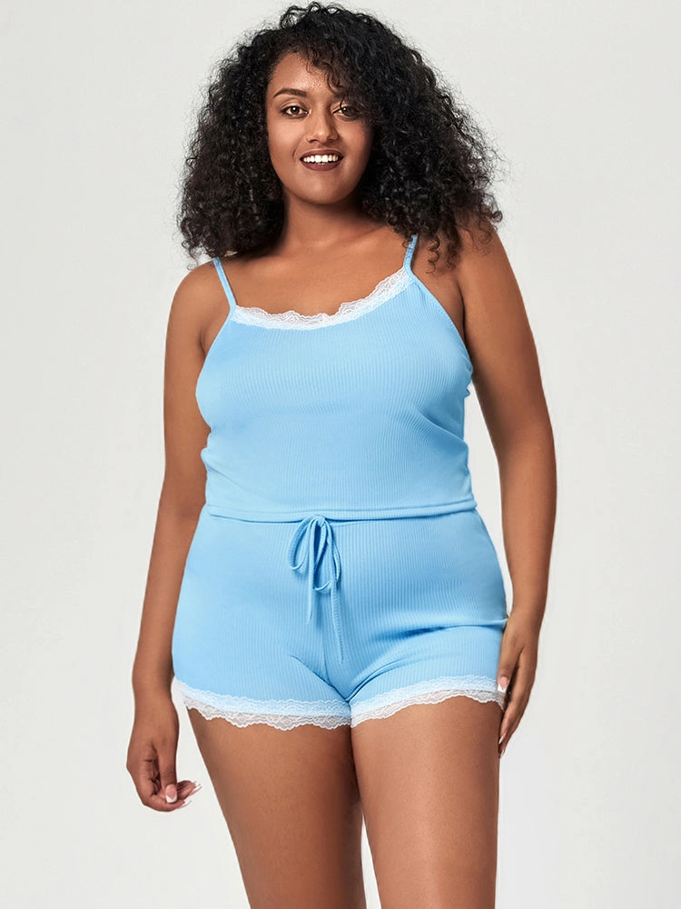 Summer Solid Color Lace Trim Camisole Pajamas Set