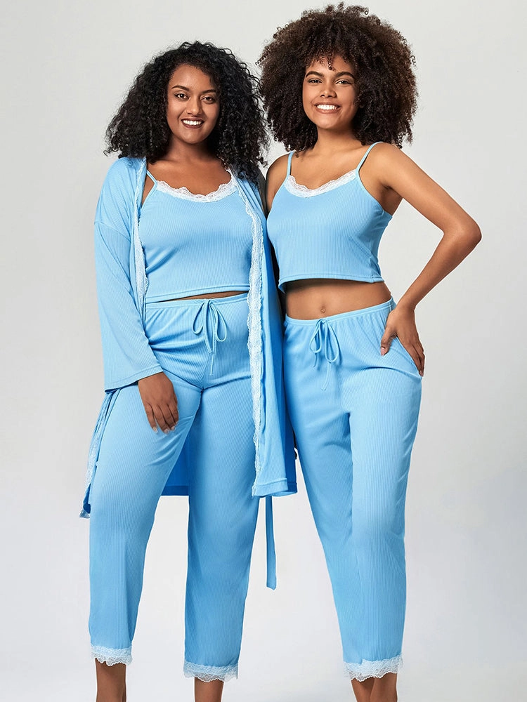 Summer Solid Color Lace Trim Camisole Pajamas Set