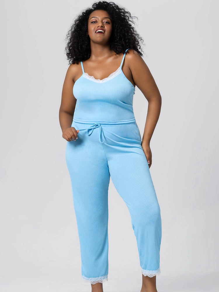 Summer Solid Color Lace Trim Camisole Pajamas Set