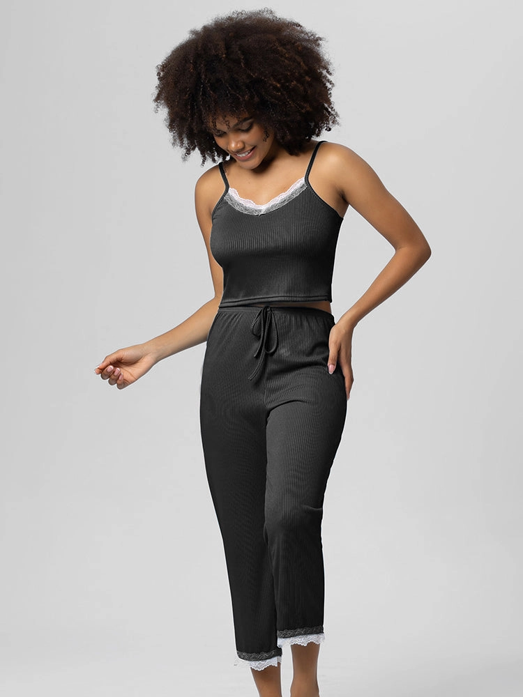 Summer Solid Color Lace Trim Camisole Pajamas Set