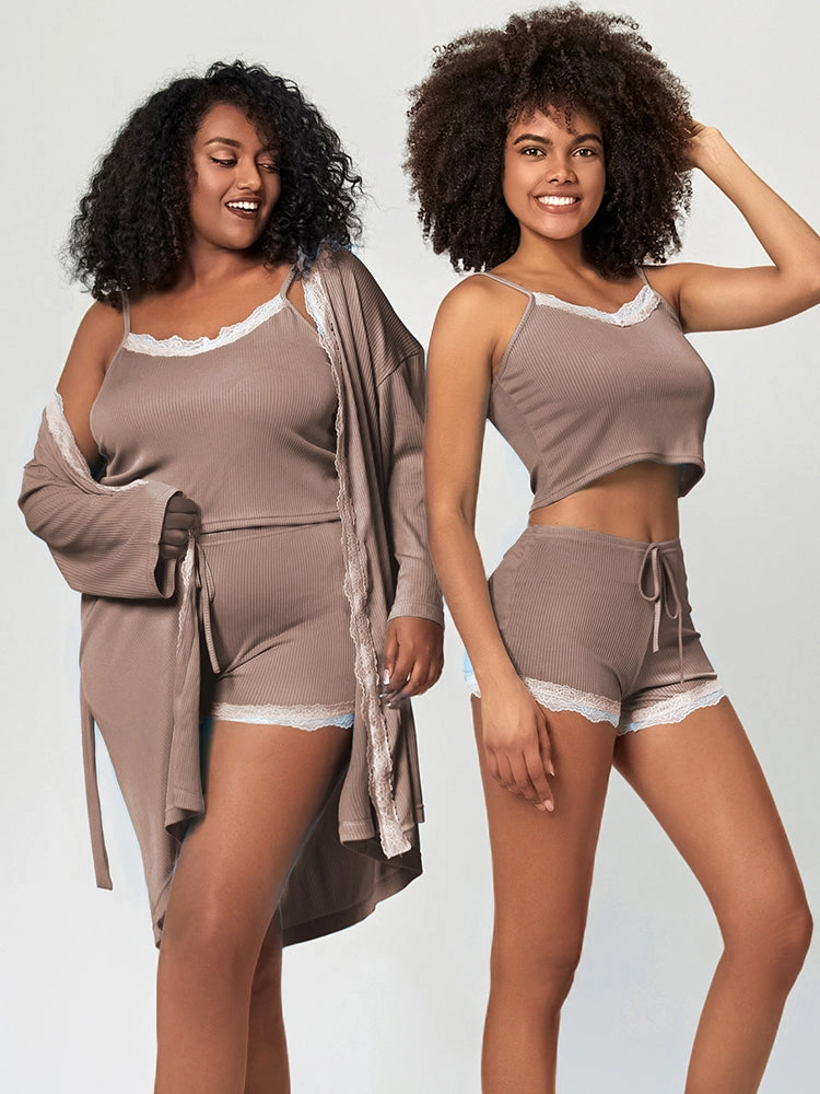 Summer Solid Color Lace Trim Camisole Pajamas Set