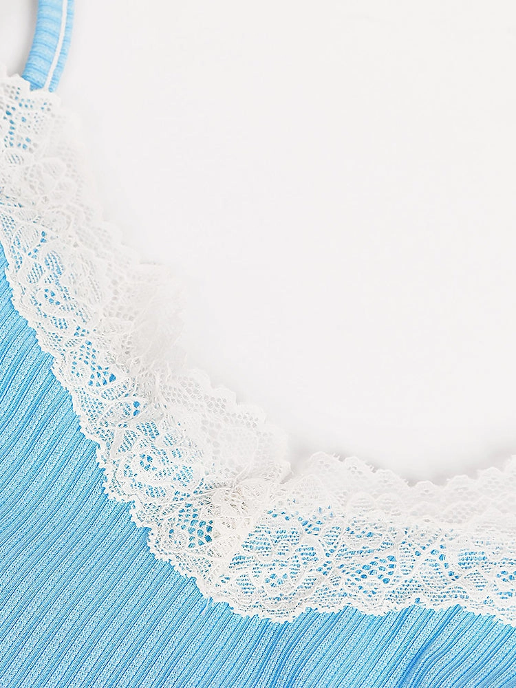 Summer Solid Color Lace Trim Camisole Pajamas Set