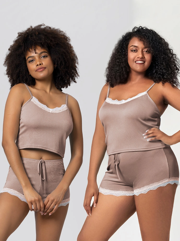 Summer Solid Color Lace Trim Camisole Pajamas Set
