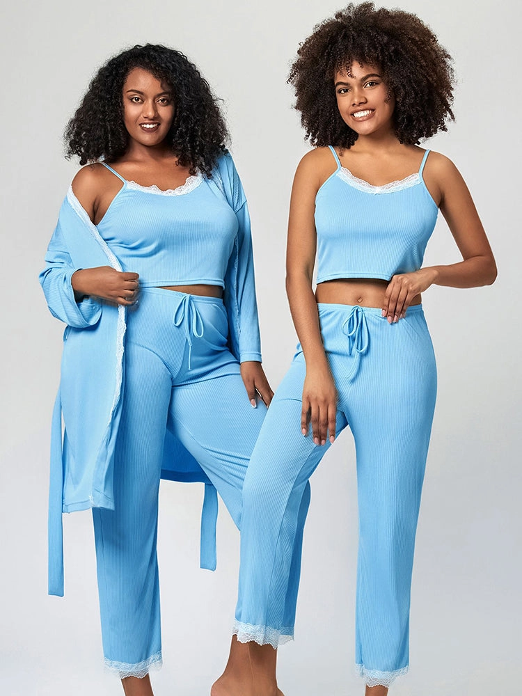 Summer Solid Color Lace Trim Camisole Pajamas Set