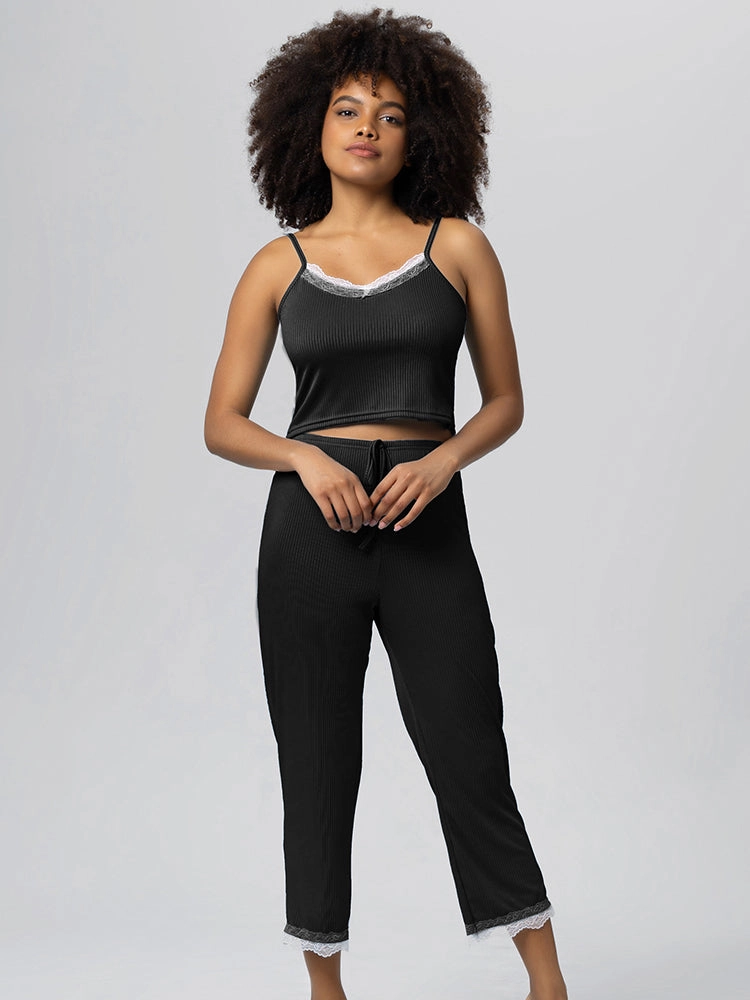 Summer Solid Color Lace Trim Camisole Pajamas Set