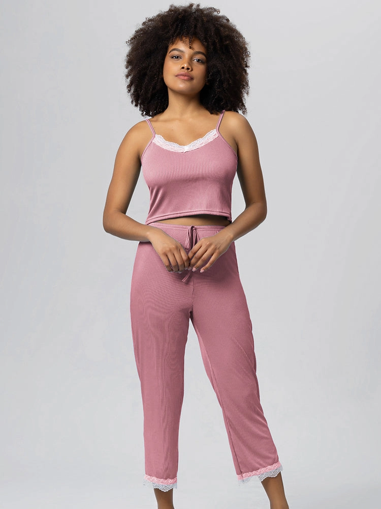 Summer Solid Color Lace Trim Camisole Pajamas Set