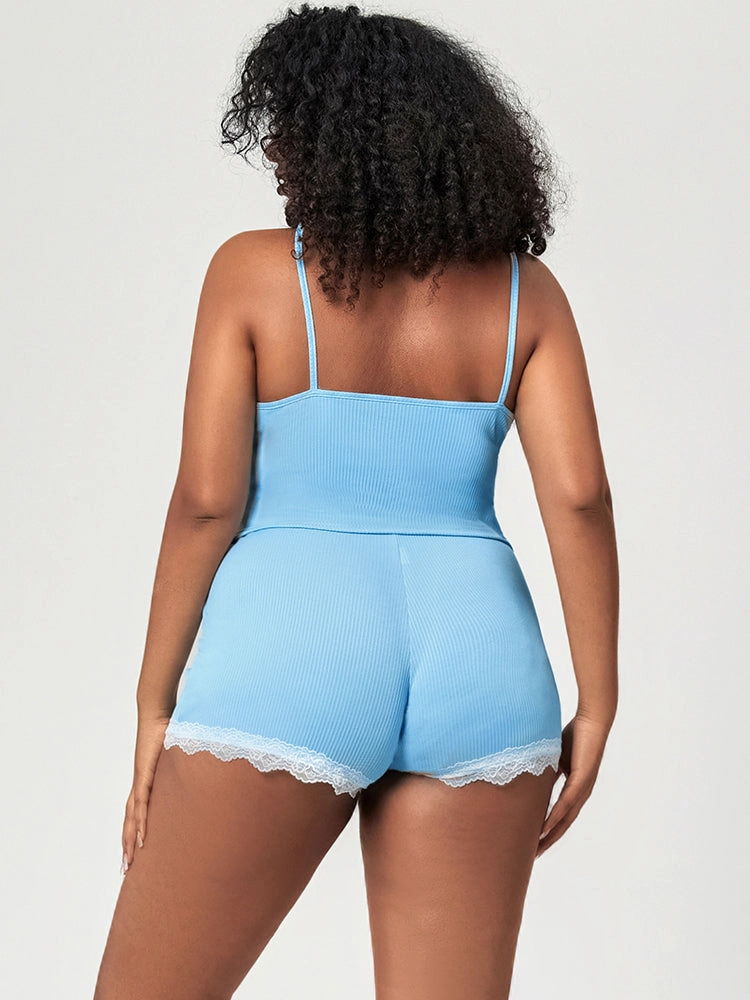 Summer Solid Color Lace Trim Camisole Pajamas Set