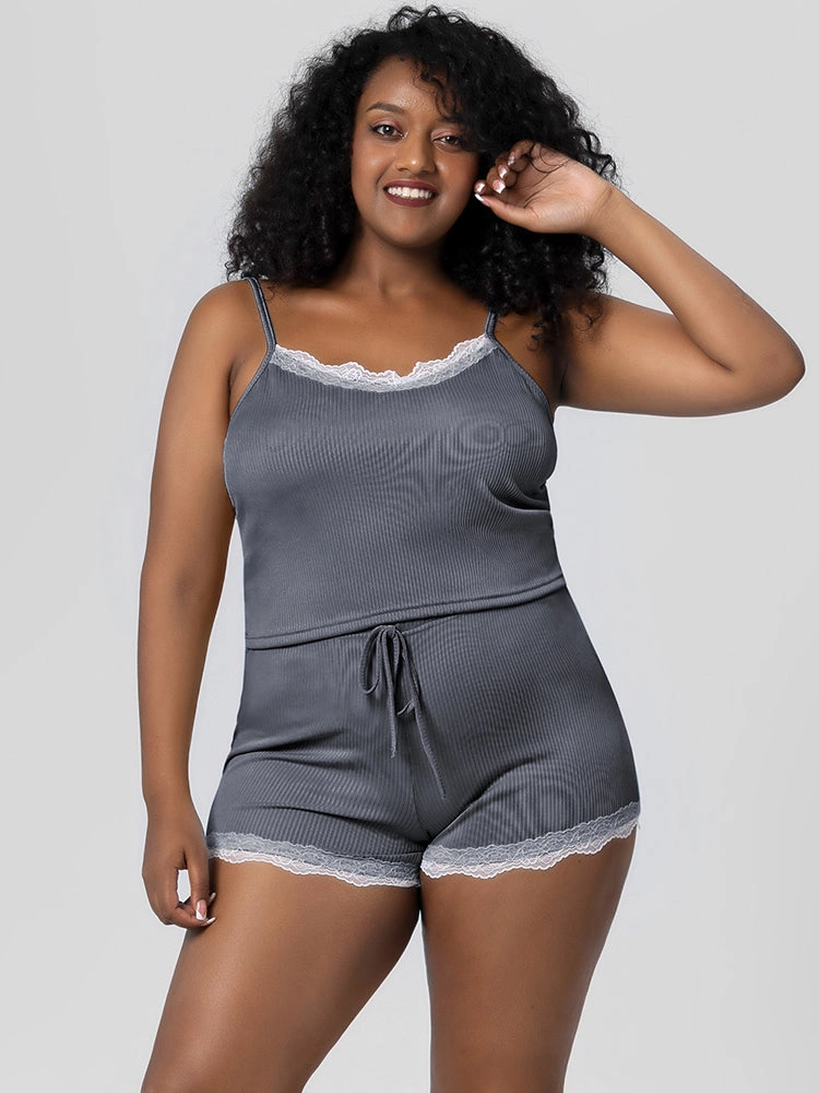 Summer Solid Color Lace Trim Camisole Pajamas Set