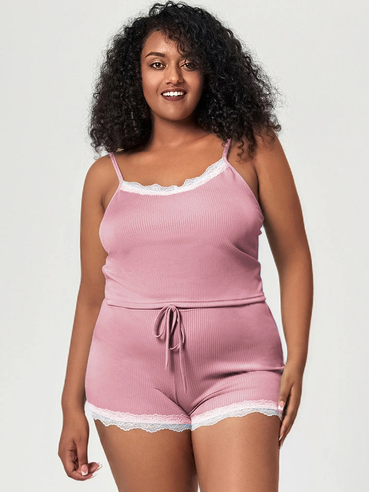 Summer Solid Color Lace Trim Camisole Pajamas Set