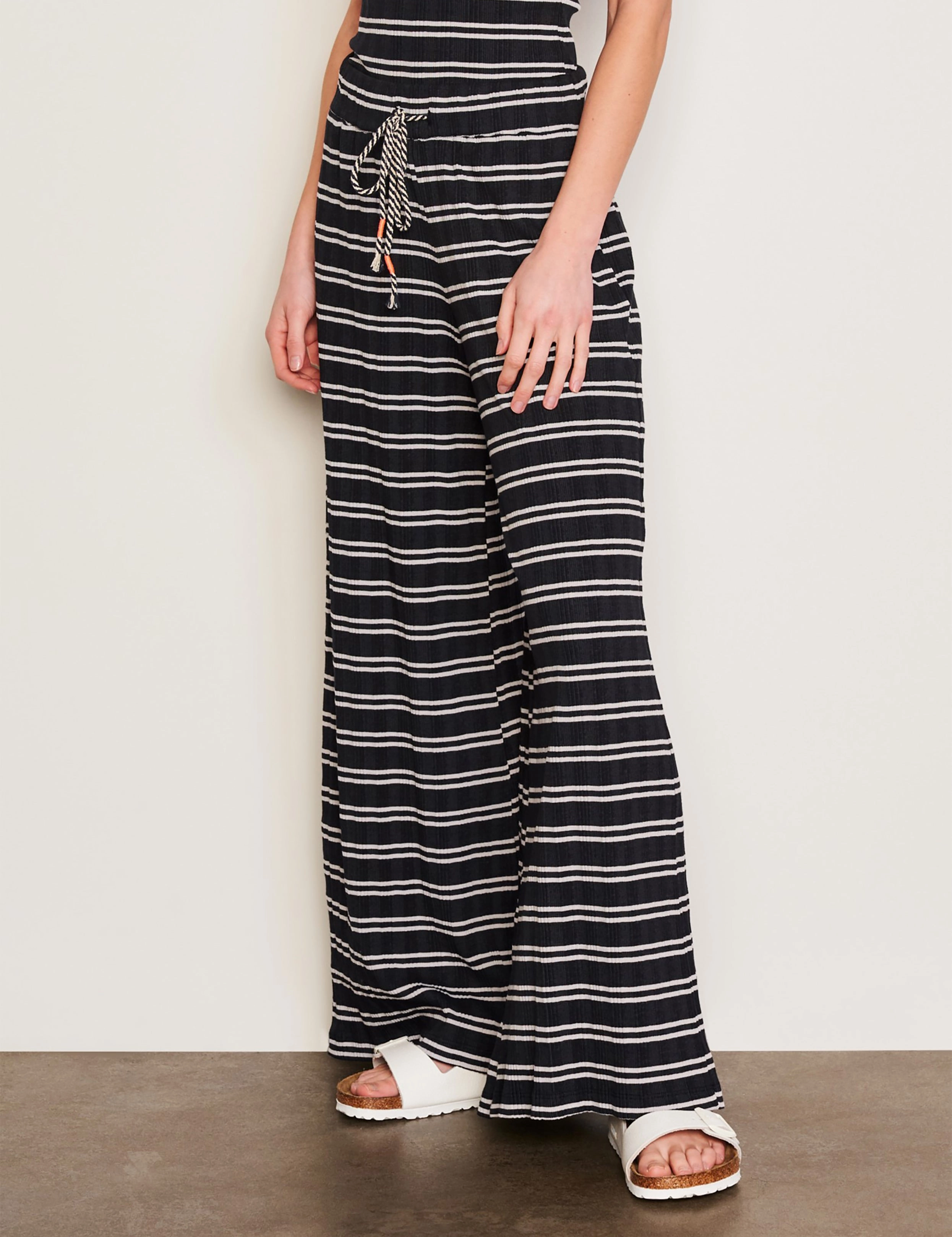 Sundry Variegated Rib Stripe High Crew Tank & Variegated Rib Stripe Wide Leg Pant Set in Deep Navy