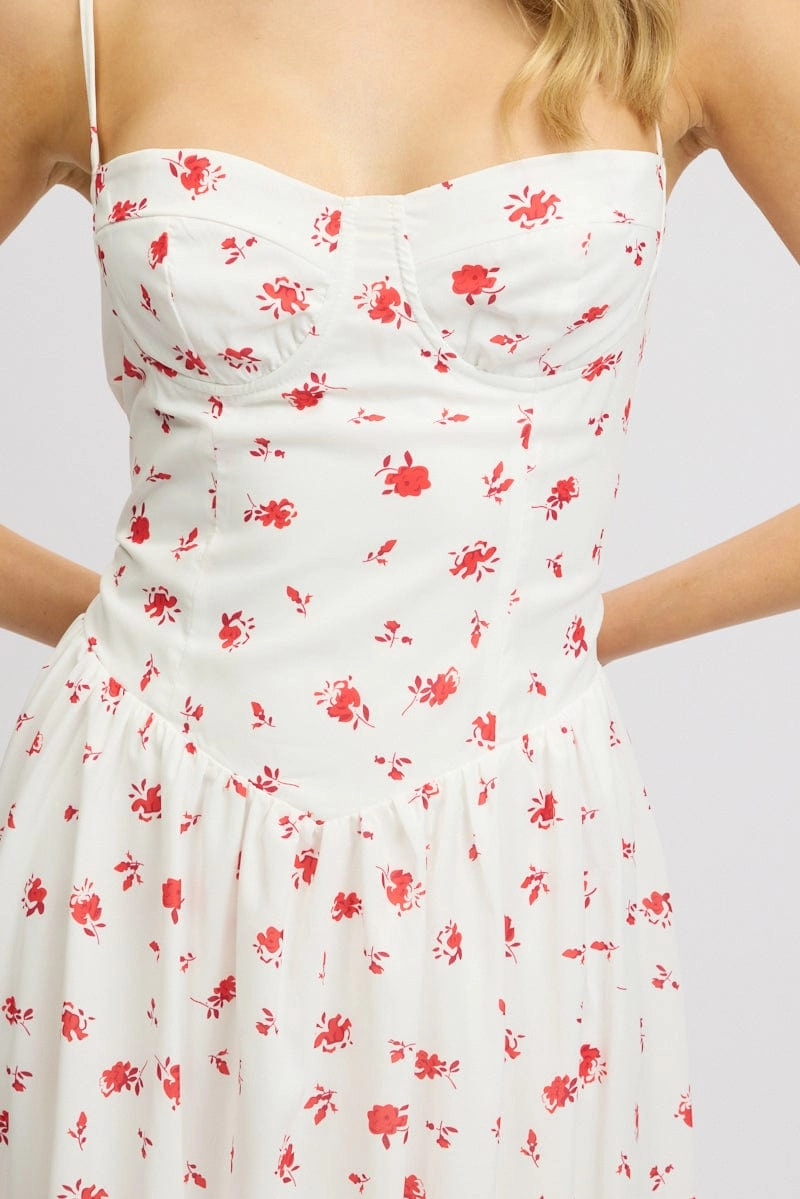 White Floral Midi Dress Corset Detail
