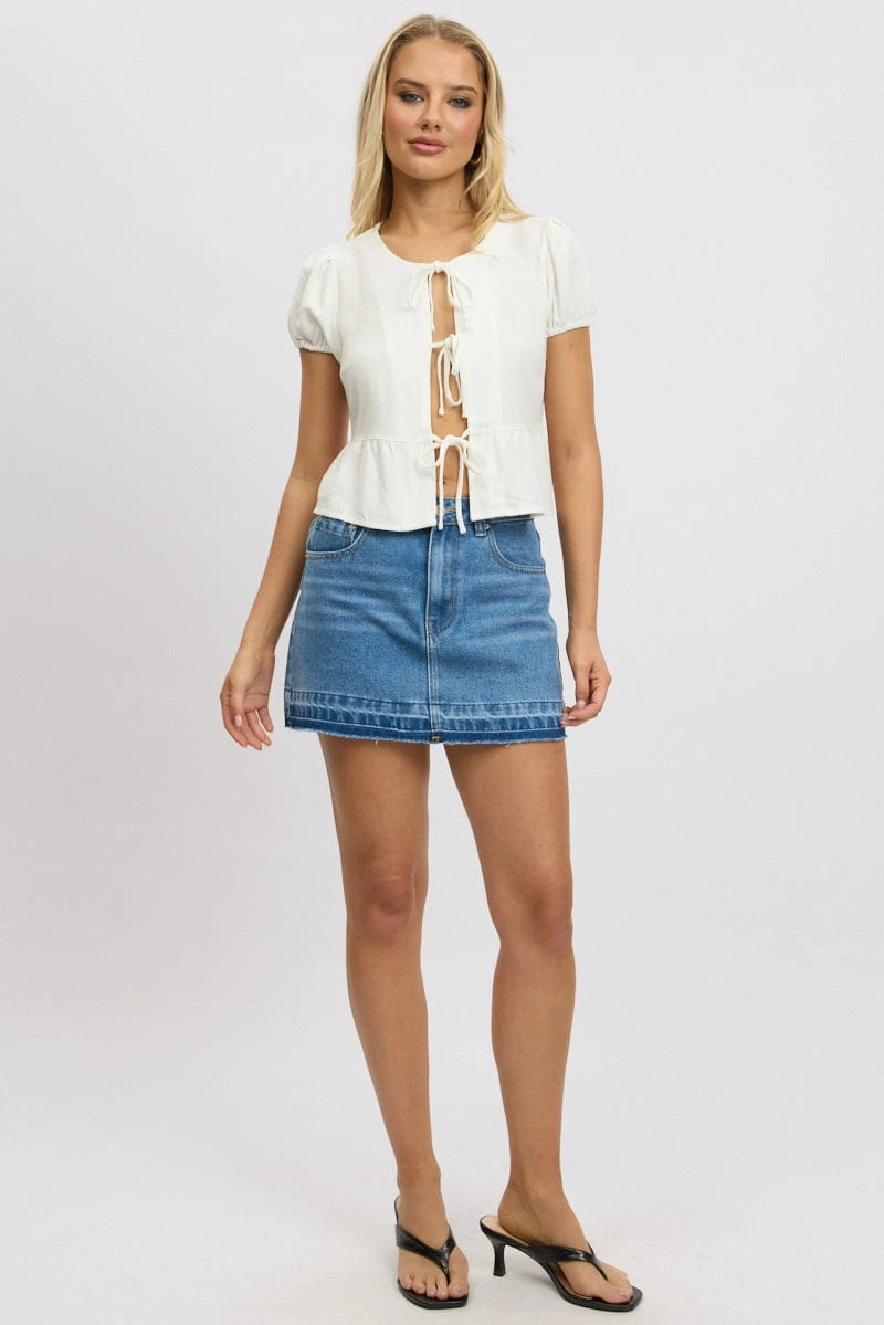 White Tie Front Top Puff Sleeve