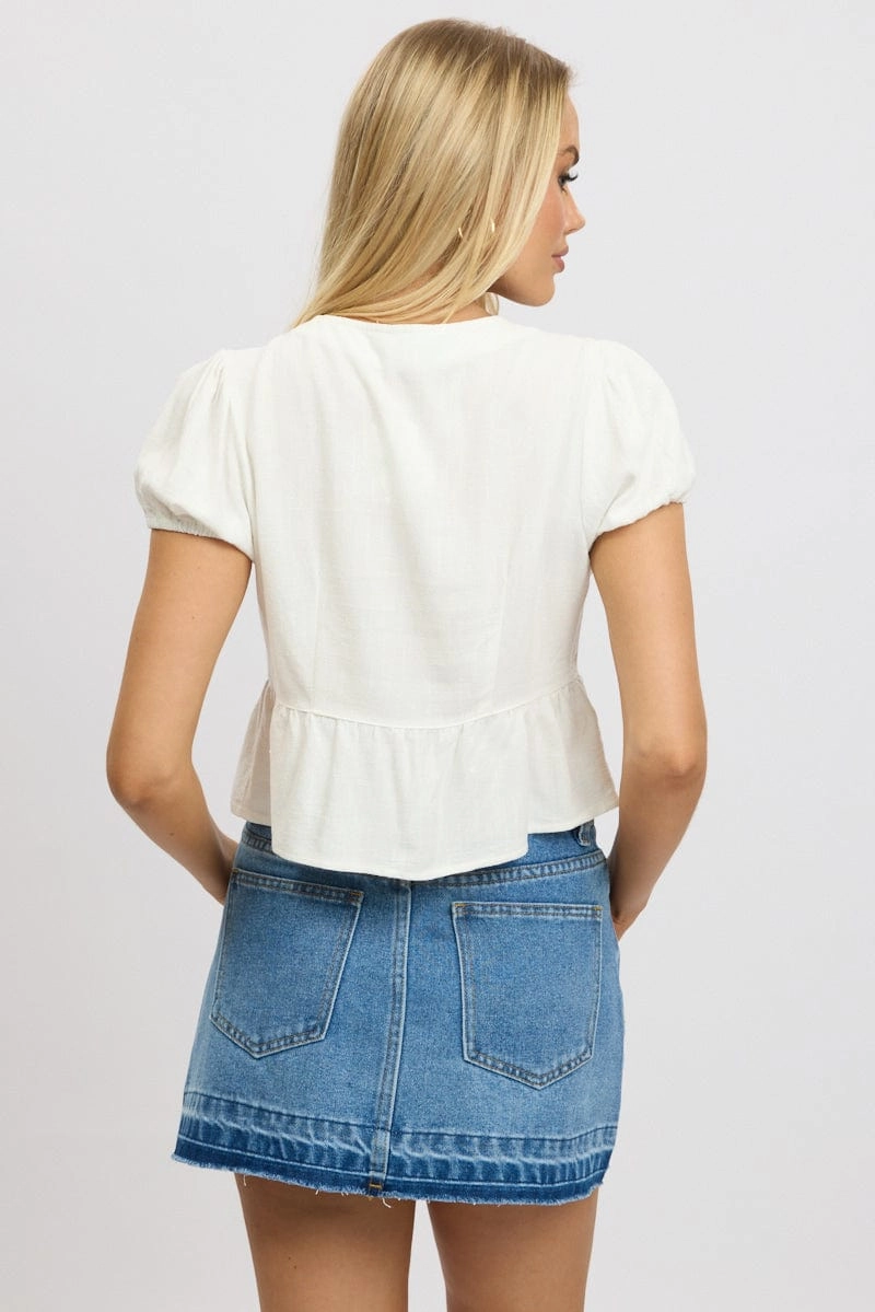 White Tie Front Top Puff Sleeve