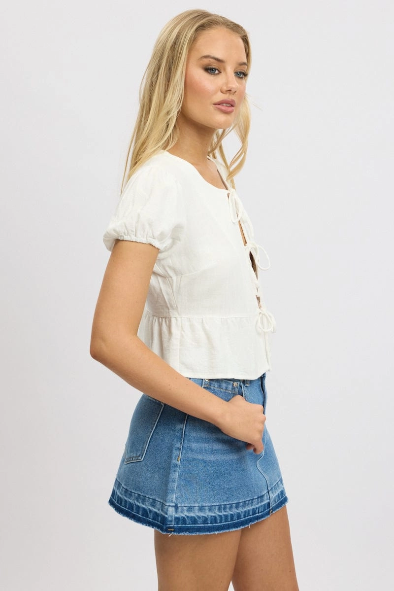 White Tie Front Top Puff Sleeve