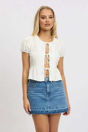 White Tie Front Top Puff Sleeve