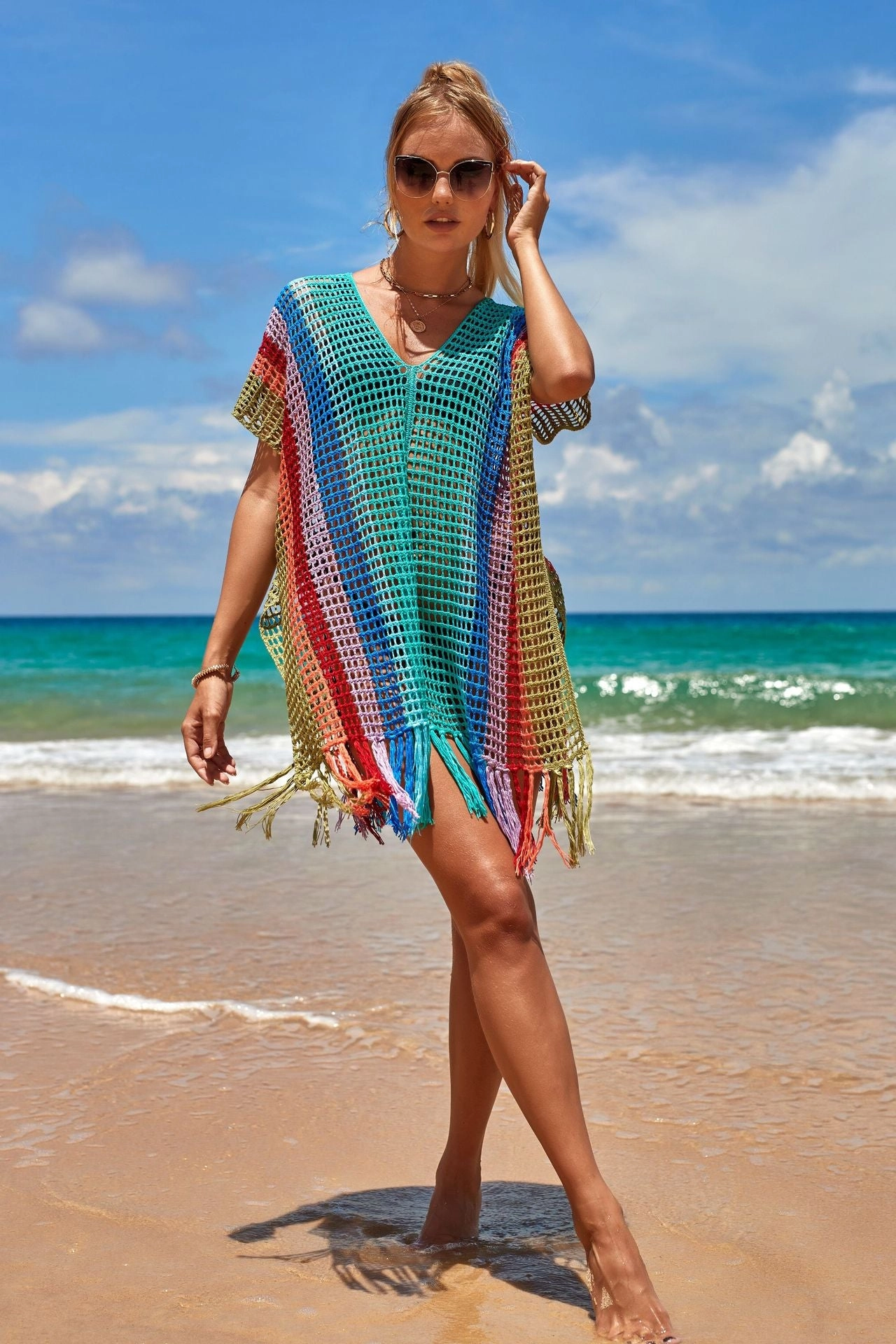 Women Hit Color Crochet Tassel Hem Pleats Hollow Out Cover Ups