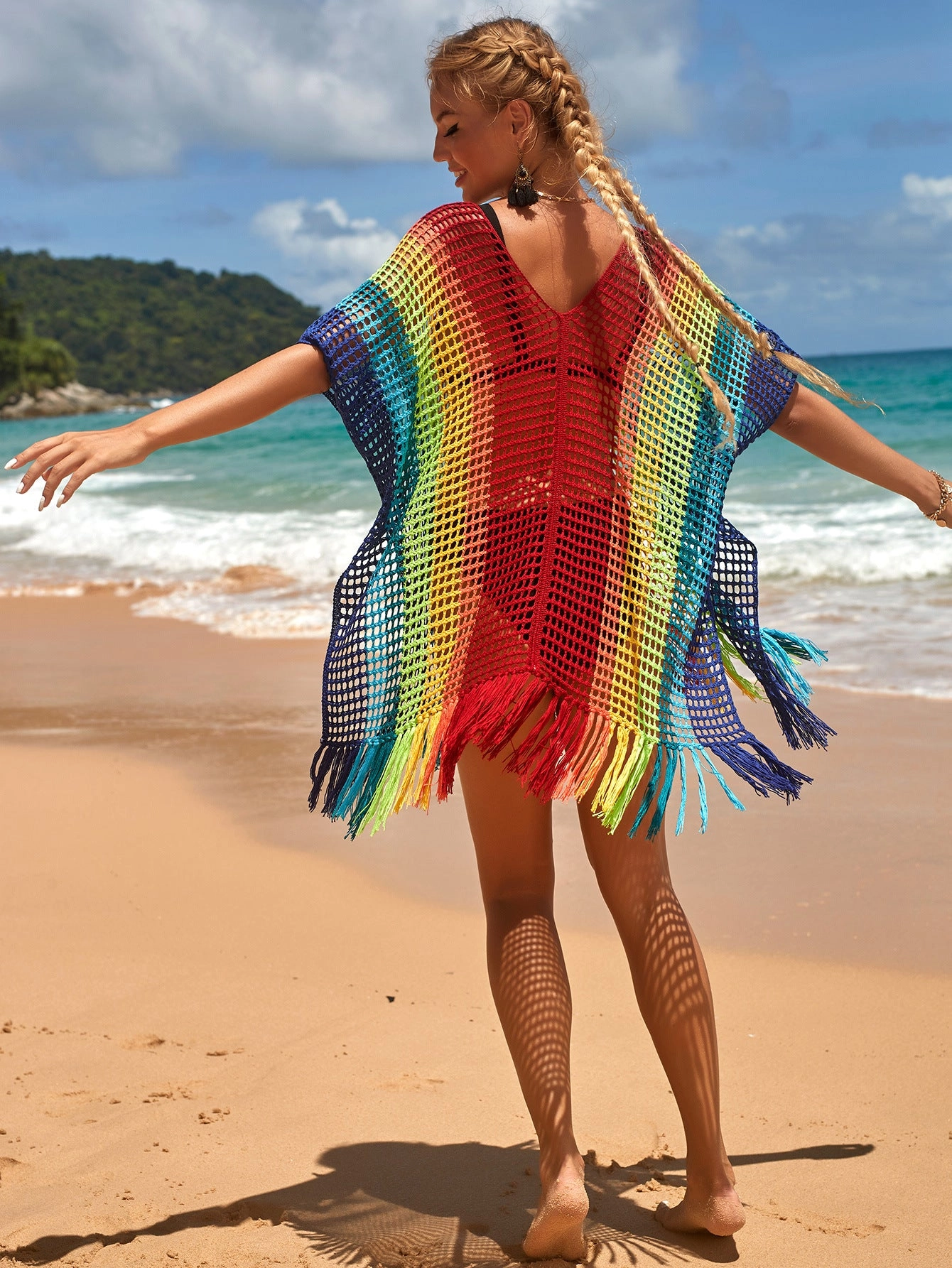 Women Hit Color Crochet Tassel Hem Pleats Hollow Out Cover Ups