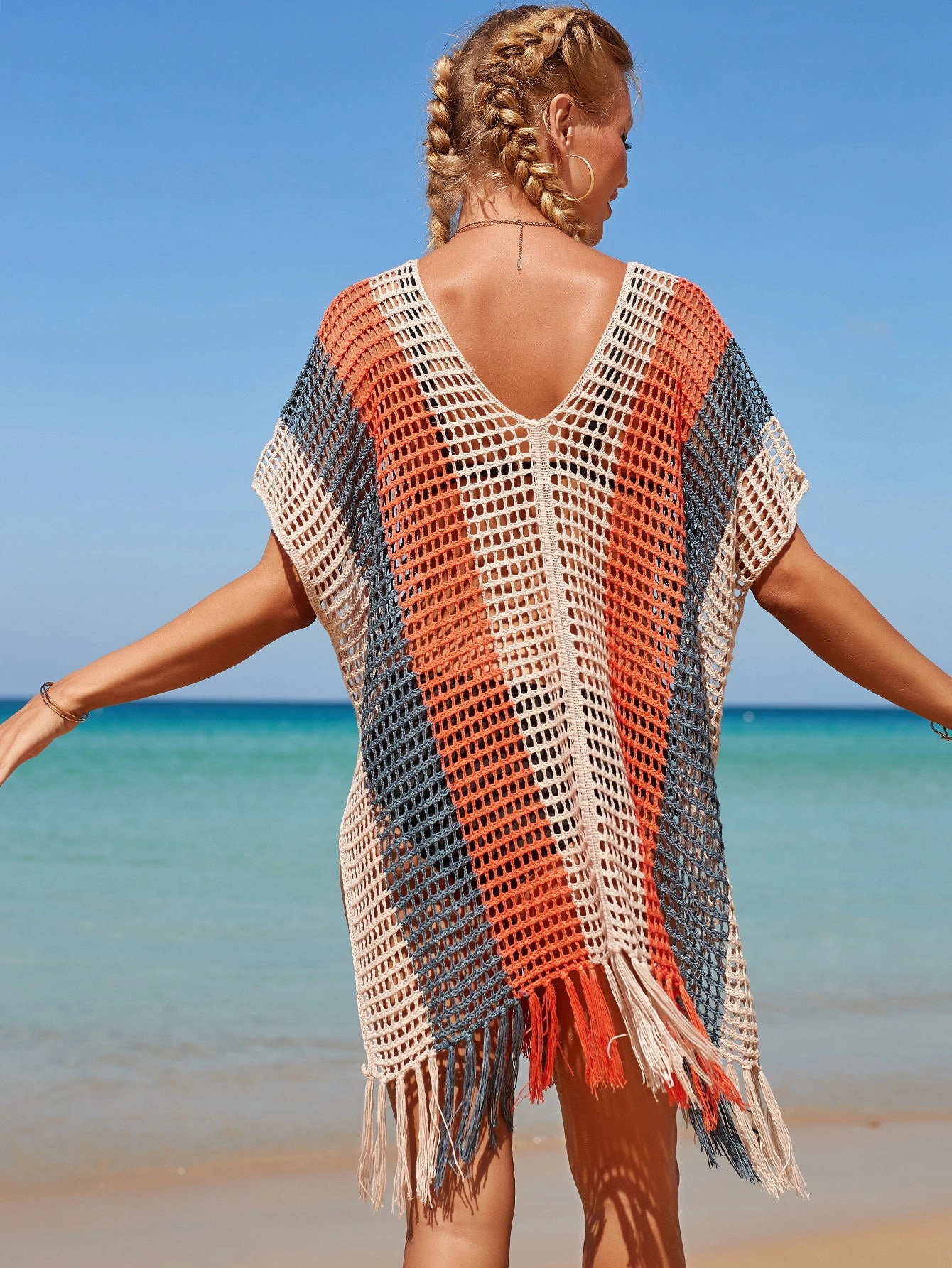 Women Hit Color Crochet Tassel Hem Pleats Hollow Out Cover Ups