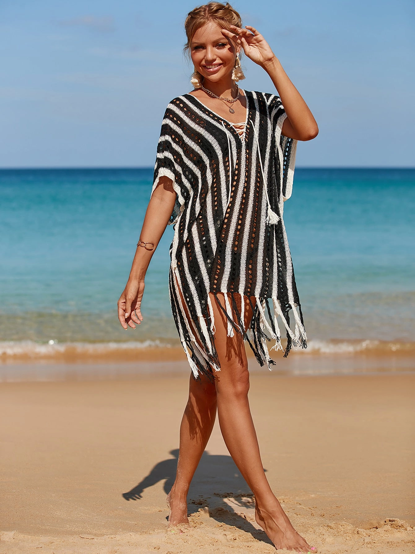 Women Hit Color Crochet Tassel Hem Pleats Hollow Out Cover Ups