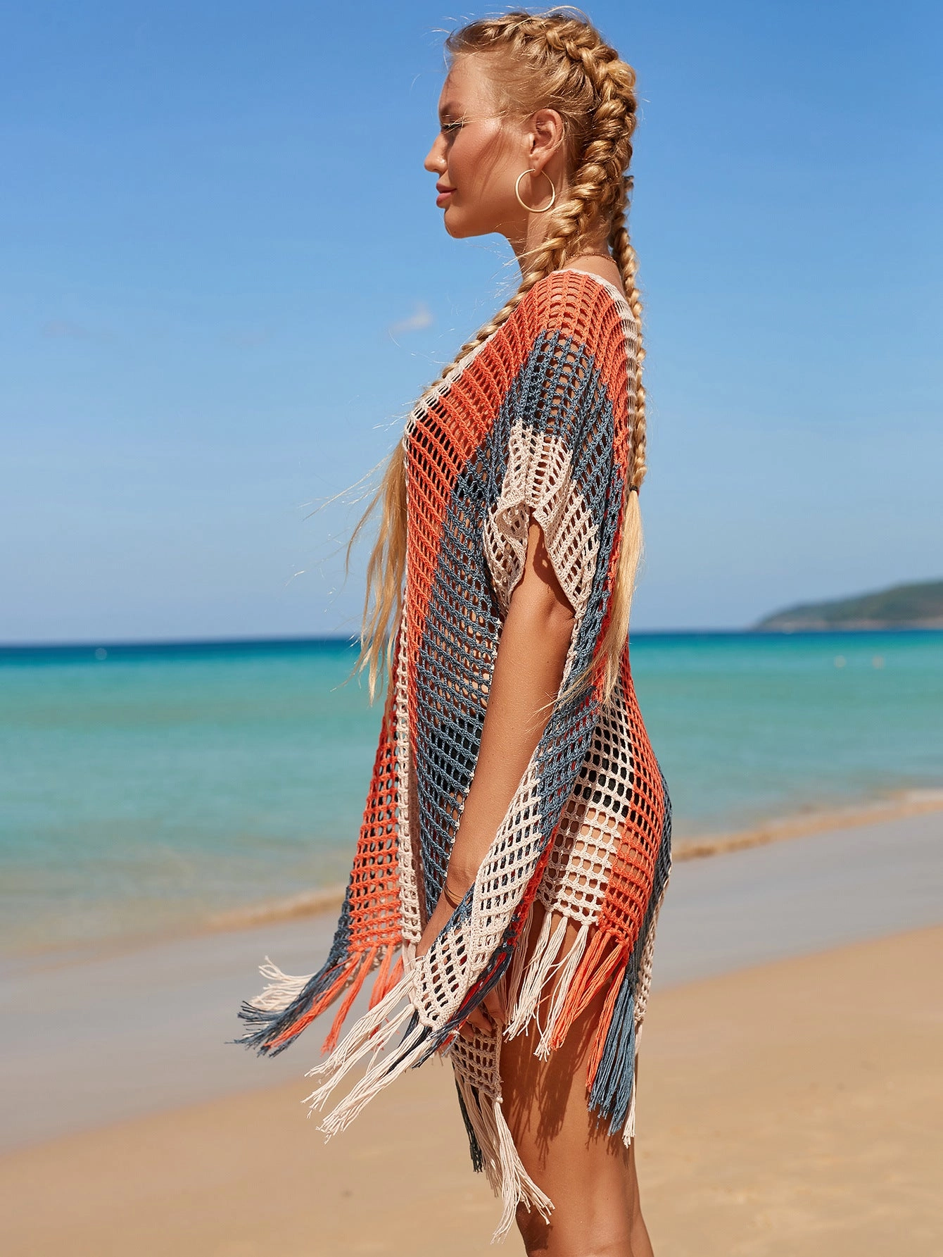 Women Hit Color Crochet Tassel Hem Pleats Hollow Out Cover Ups